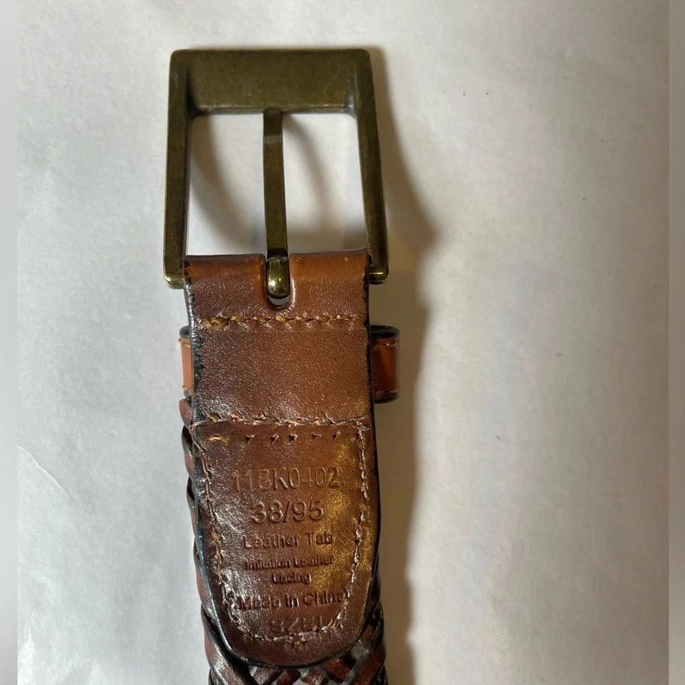 Vintage Braided Woven Brown Genuine Leather Belt Brass Square Buckle Mens Sz 38